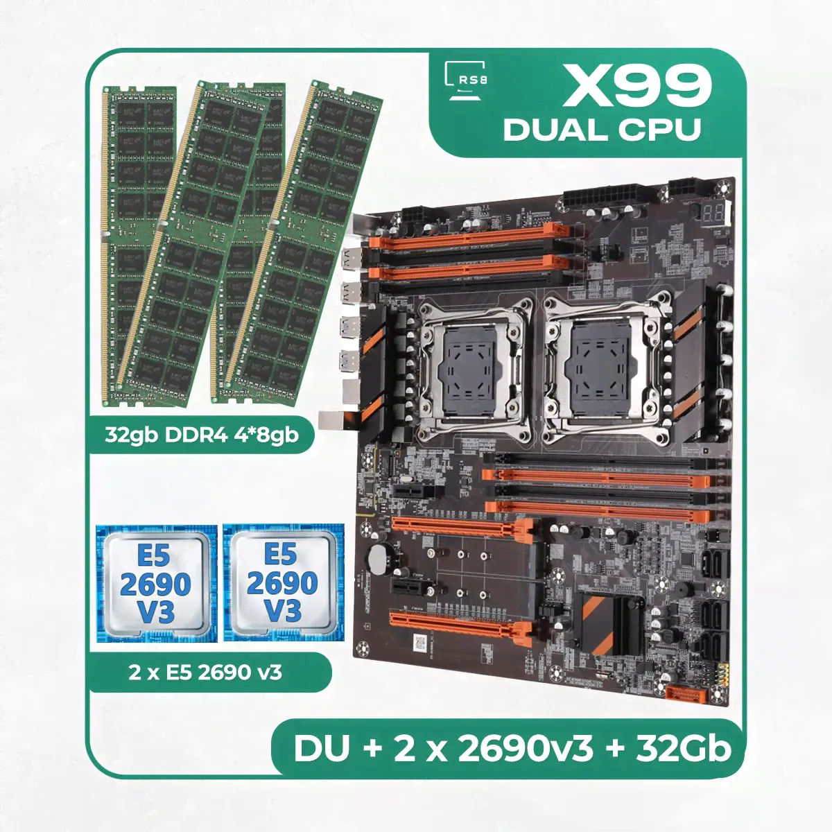 Kllisre Материнская плата Комплект материнской платы X99: ZX-DU99D4 + 2 x Xeon E5 2690v3 + DDR4 32Гб 4х8Гб-0