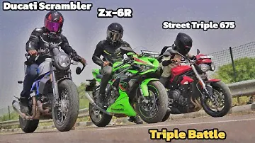 Ducati Cafe Racer 800 vs Ninja ZX-6R Vs Street Triple 675 | Triple battle
